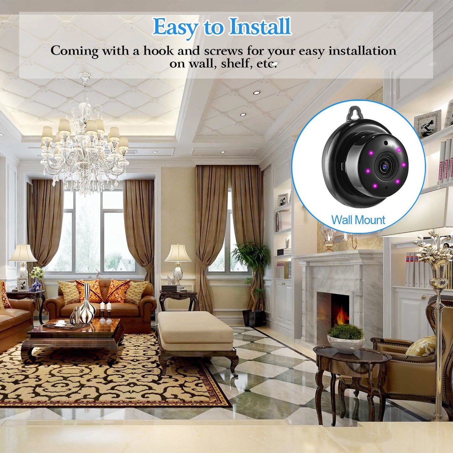 Compact security camera designed for easy wall or shelf installation, featuring a sleek design with attachment hook and screws, set against a luxurious living room background.