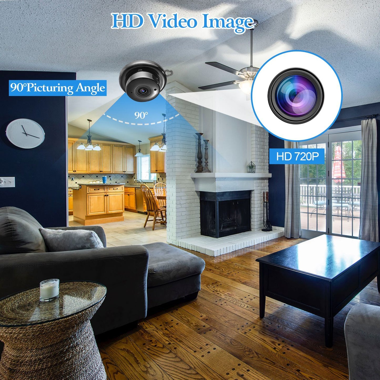 HD 720P home security camera with 90-degree viewing angle, installed in a well-lit living room featuring a cozy couch, wooden floor, and fireplace.
