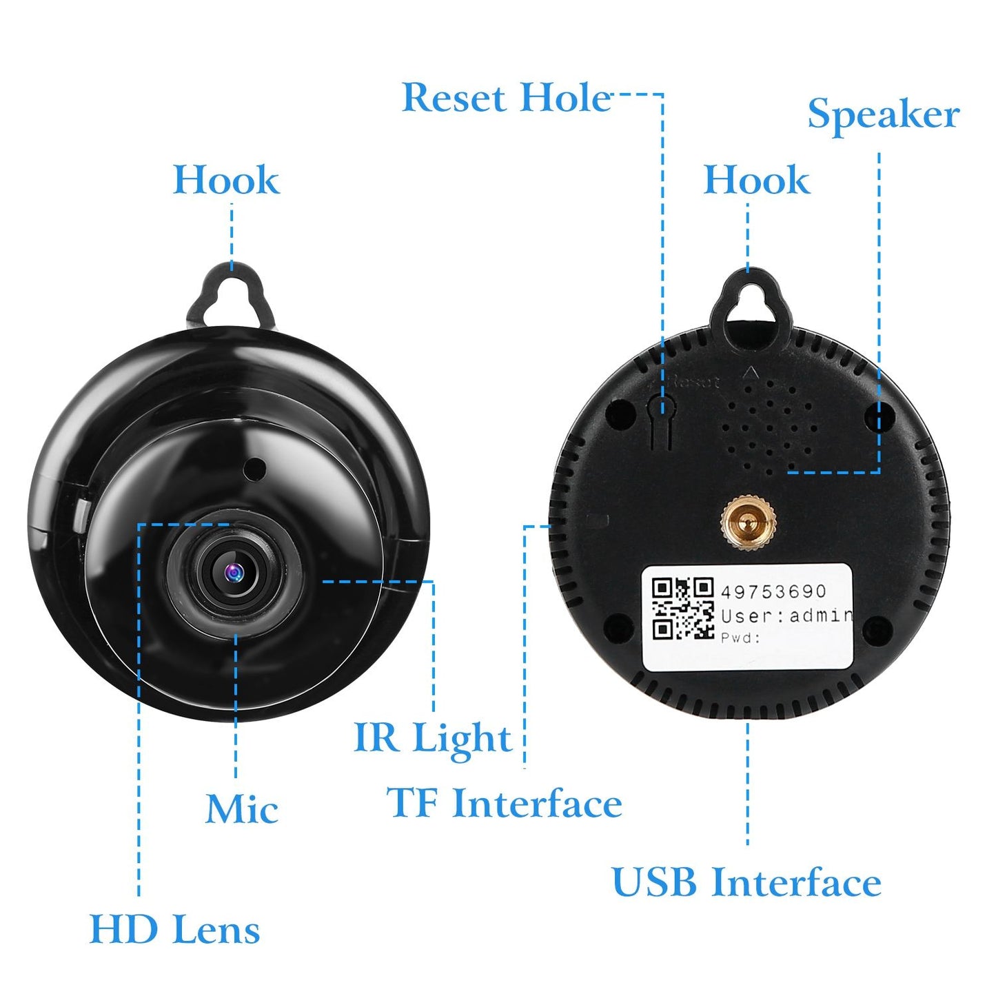 Mini HD spy camera with infrared light, microphone, TF card interface, and USB connectivity, displaying labeled features including hook and reset hole.