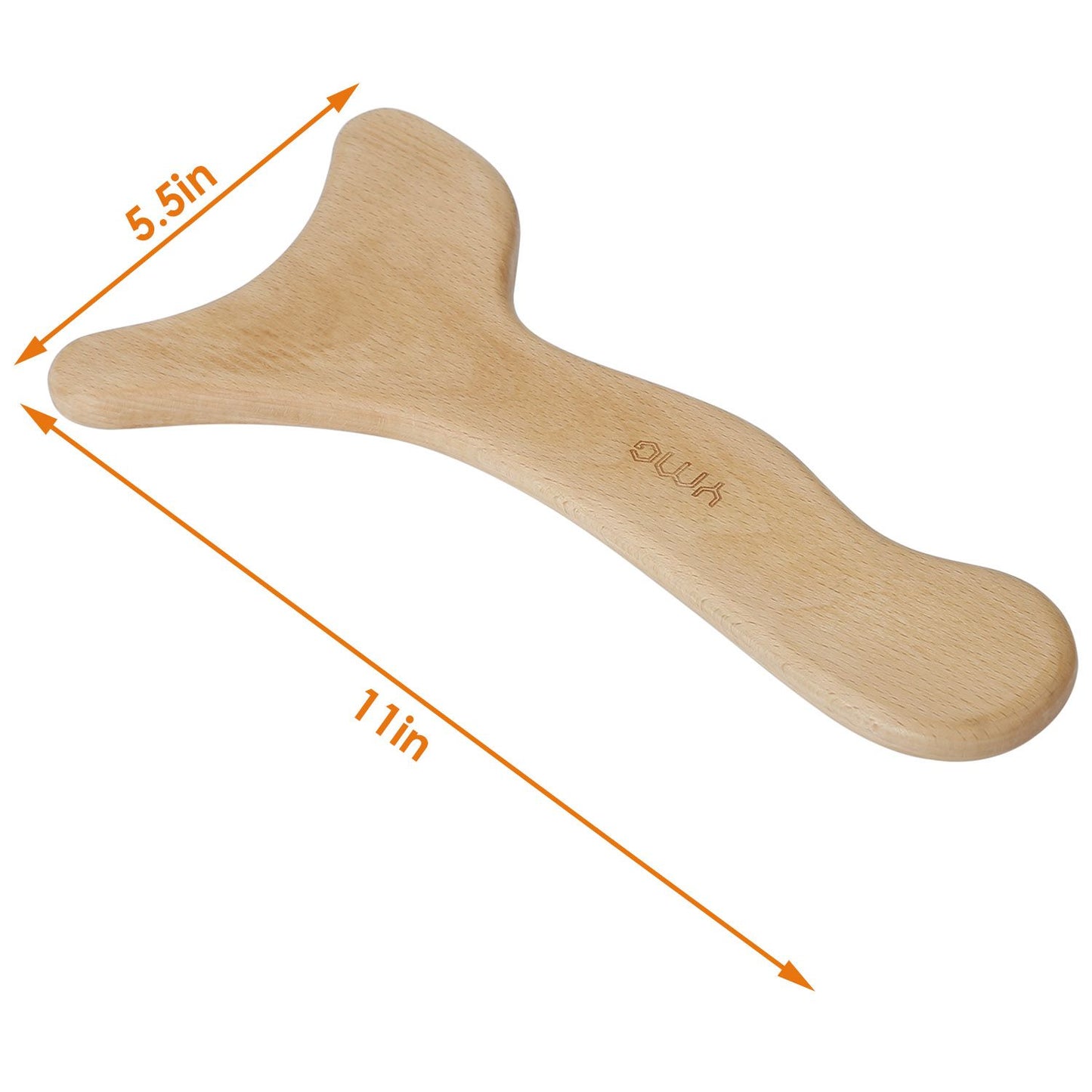 Wooden body massage tool, 11 inches long and 5.5 inches wide, designed for relaxing muscle tension and promoting wellness.