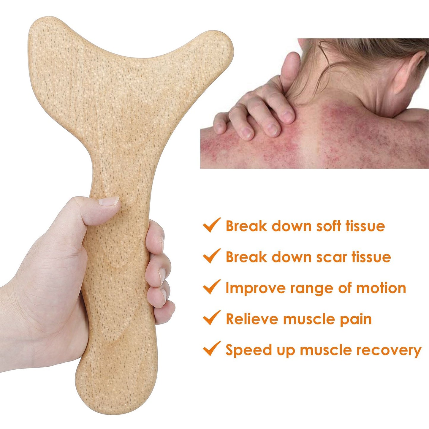 Wooden muscle scraper tool in hand, designed to break down soft and scar tissue, improve range of motion, relieve muscle pain, and speed up muscle recovery.