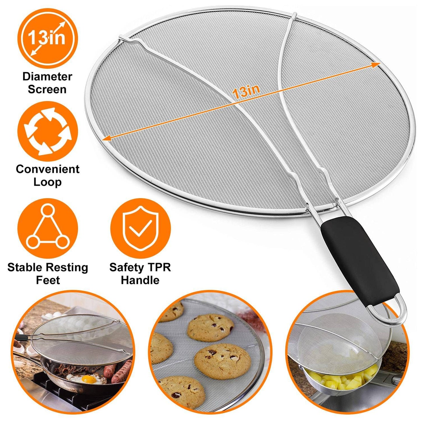 13-inch stainless steel splatter screen with TPR handle and stable resting feet, ideal for frying and cooking, shown with images of its uses in the kitchen.