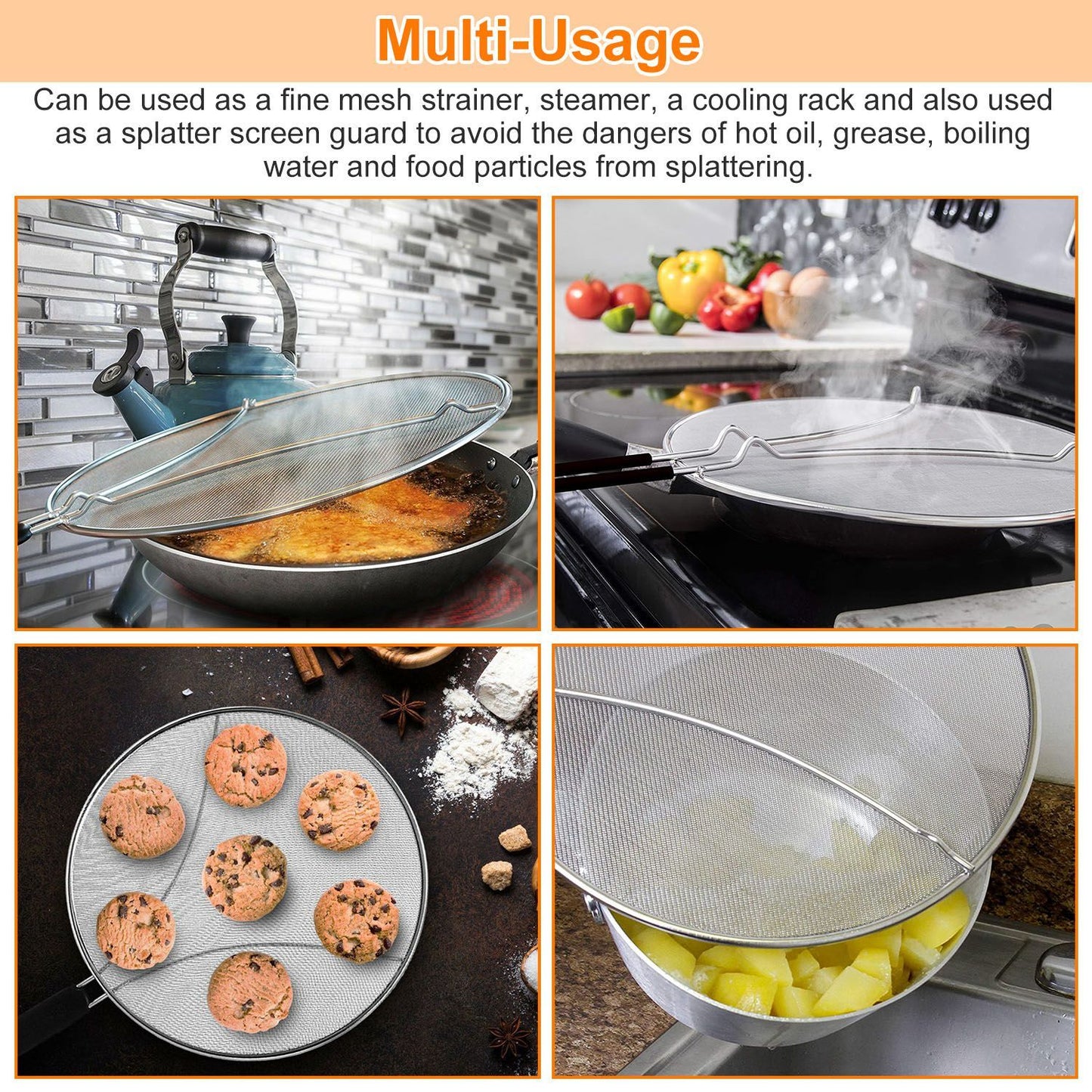 Multi-use kitchen splatter guard and fine mesh strainer, shown in four scenarios: frying food, steaming vegetables, cooling cookies, and preventing splatters.