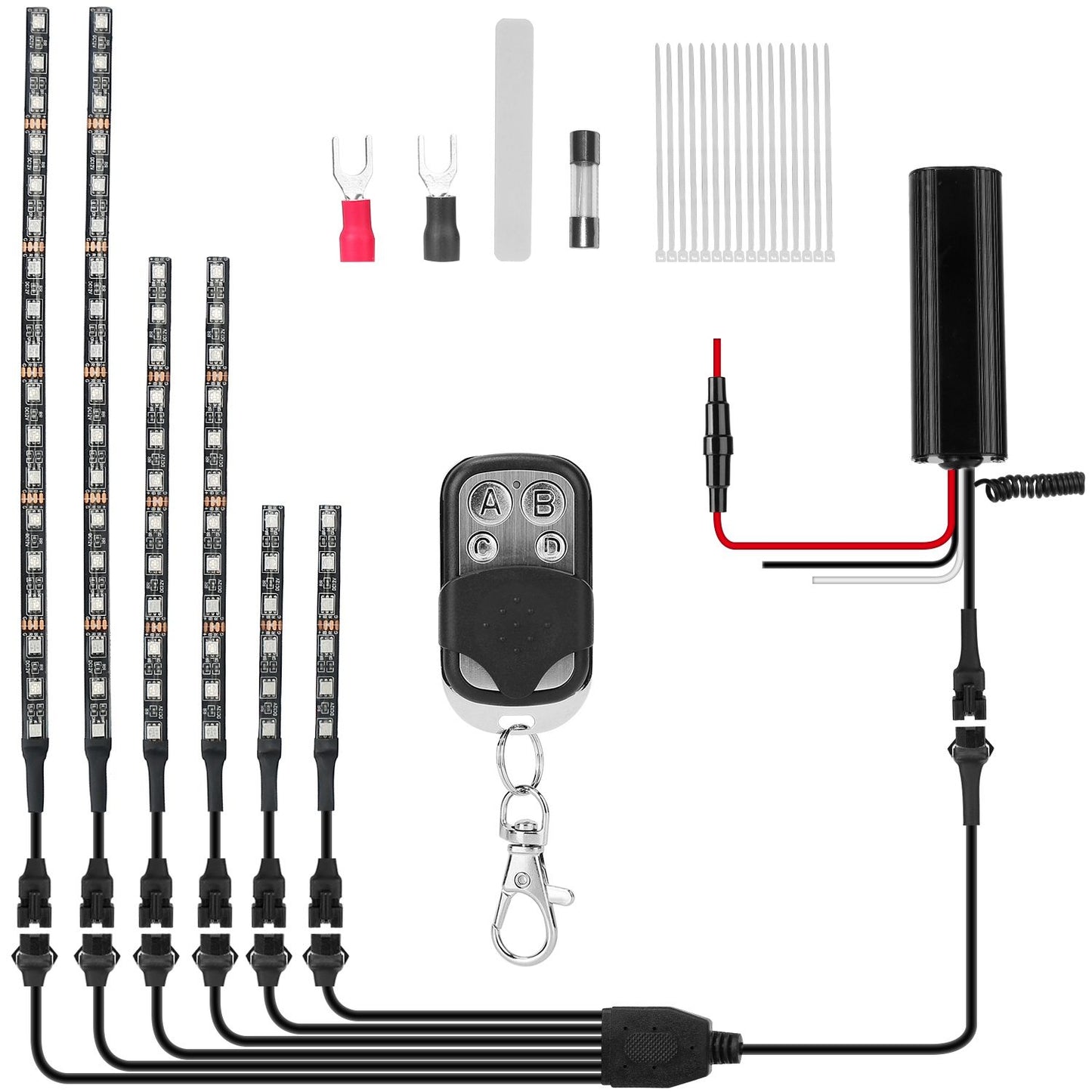 LED light strip kit with remote control and installation accessories, including connectors, fuse, and mounting clips.
