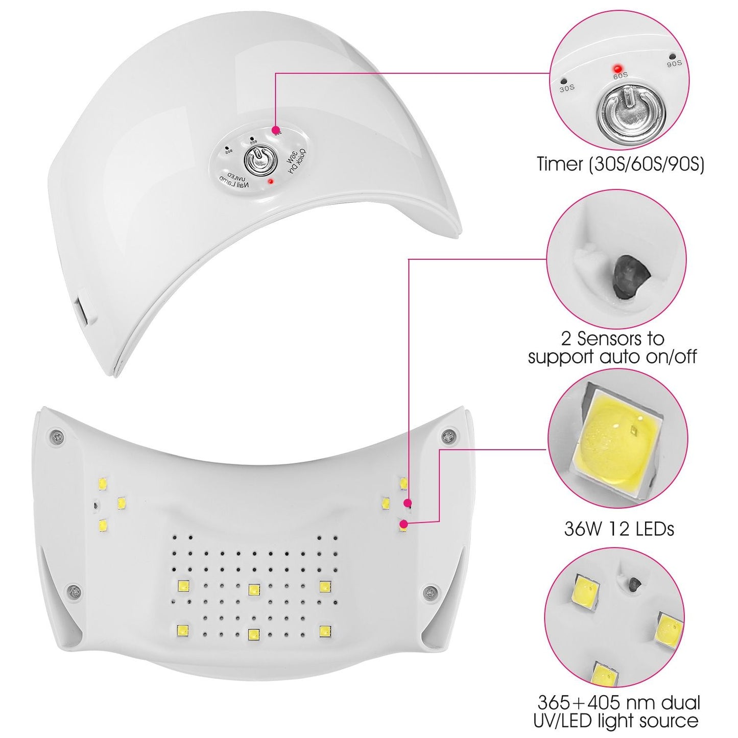 White UV LED nail lamp featuring a 36W power output, 12 LED lights, adjustable timer settings (30/60/90 seconds), and dual wavelength technology (365+405 nm) with auto on/off sensors for convenient use.