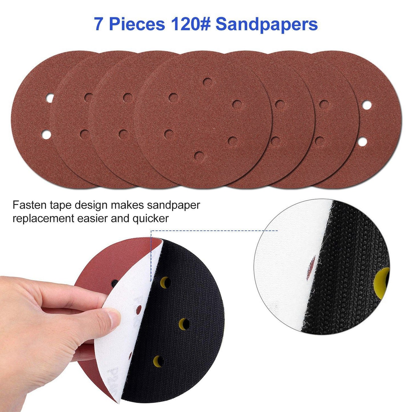 7 pieces of 120 grit round sandpaper discs featuring a fasten tape design for easy and quick replacement, suitable for sanding projects.