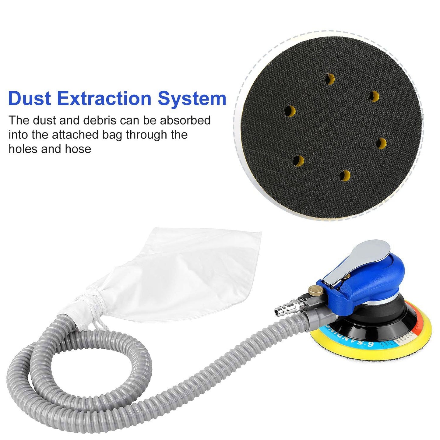 Dust extraction system with sanding disc and flexible hose, designed to efficiently capture dust and debris during sanding tasks.