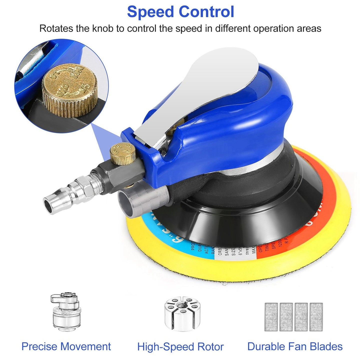 Image of an air sander with a blue body, featuring a speed control knob and durable fan blades for precise movement and high-speed rotation, ideal for various sanding applications.