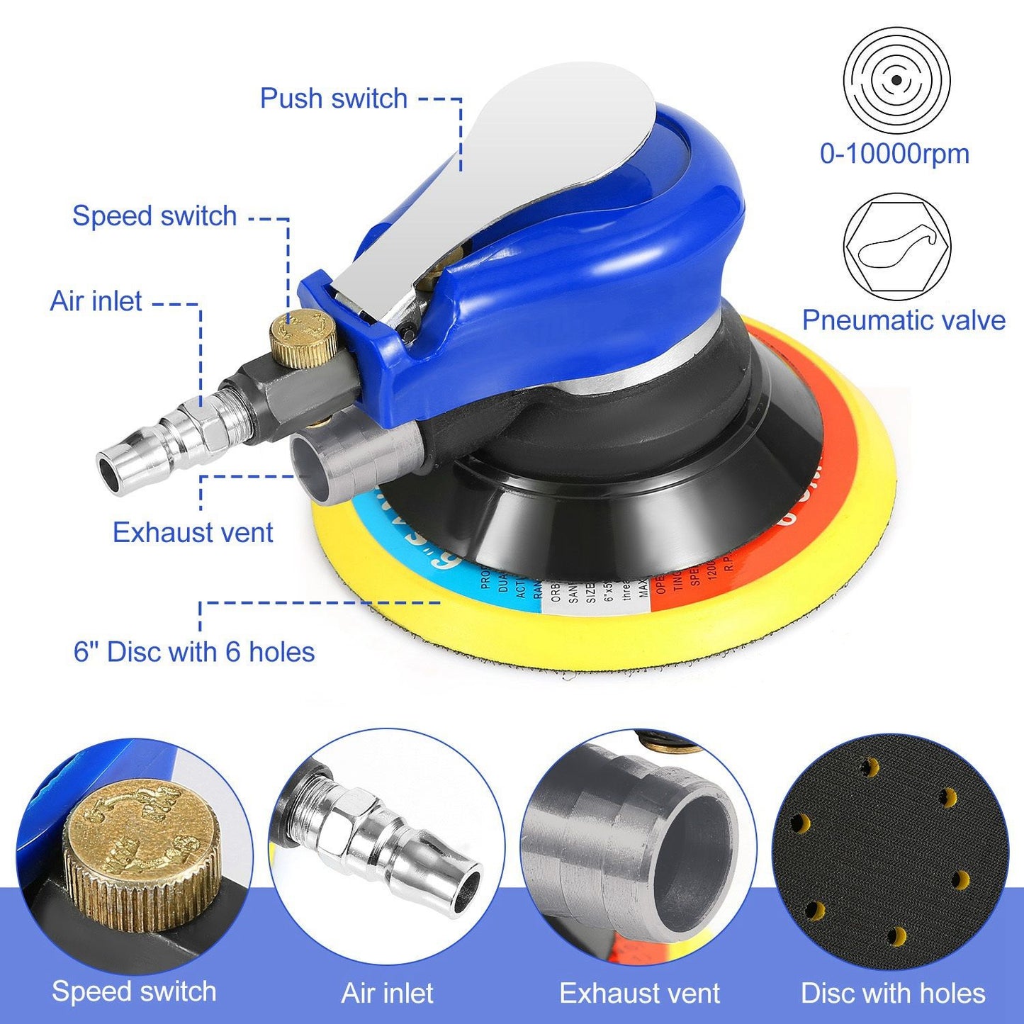 Air sander tool with a 6-inch disc featuring six holes, adjustable speed switch, air inlet, exhaust vent, and pneumatic valve for efficient sanding and polishing.