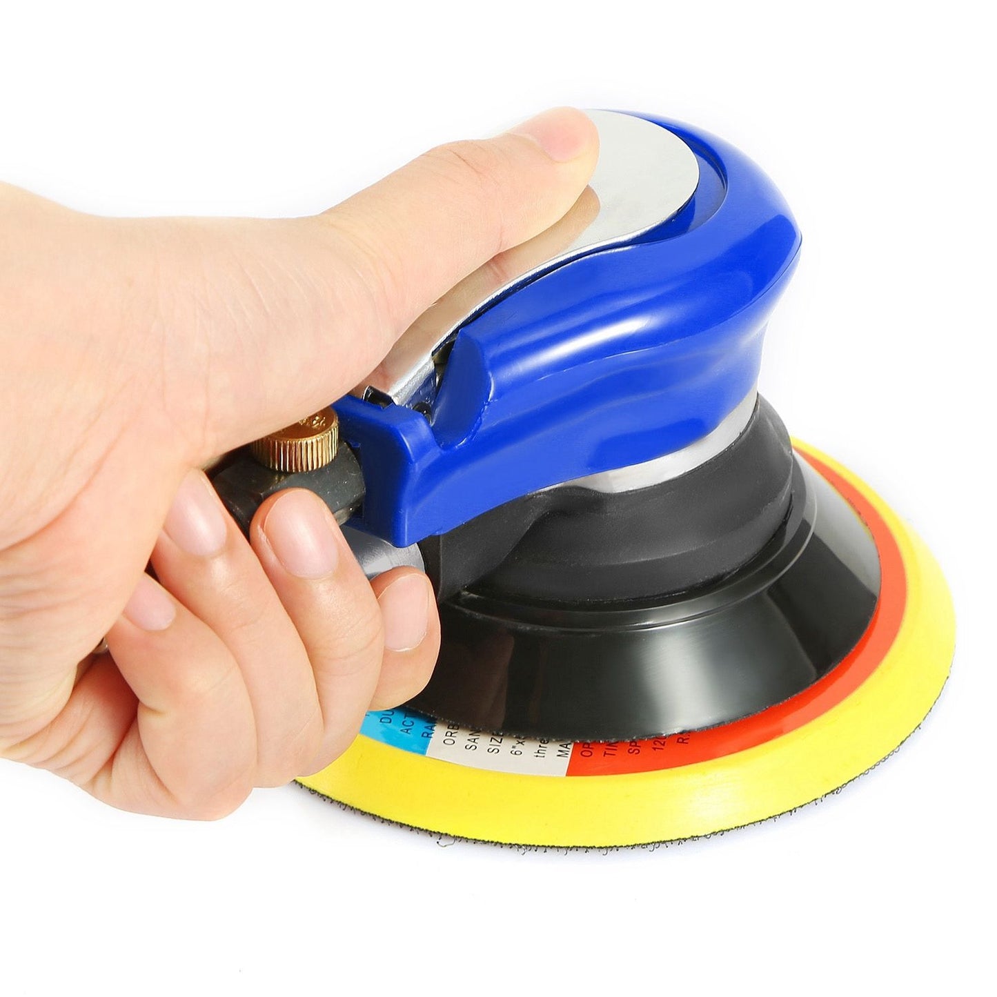 Close-up of a person holding a blue sanding tool with yellow and red color-coded sanding discs, demonstrating the ergonomic grip and pressure adjustment feature.