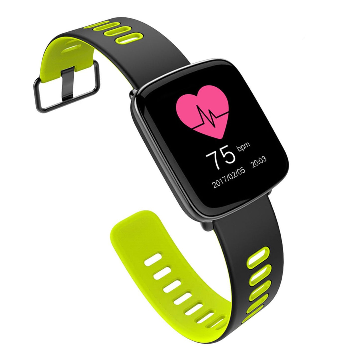 Smart fitness watch with black and neon green strap displaying heart rate of 75 bpm and heart monitor icon on a black touchscreen.