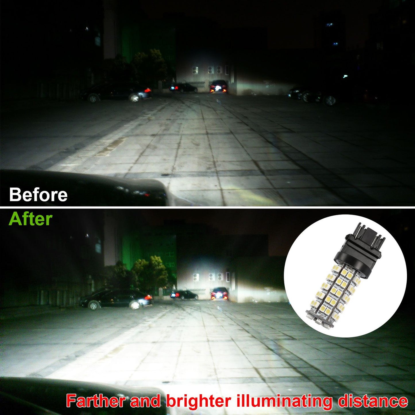 Comparison image showing vehicle headlights' performance before and after upgrade to brighter LED bulbs, highlighting significant improvement in illumination and visibility on a dark parking lot.