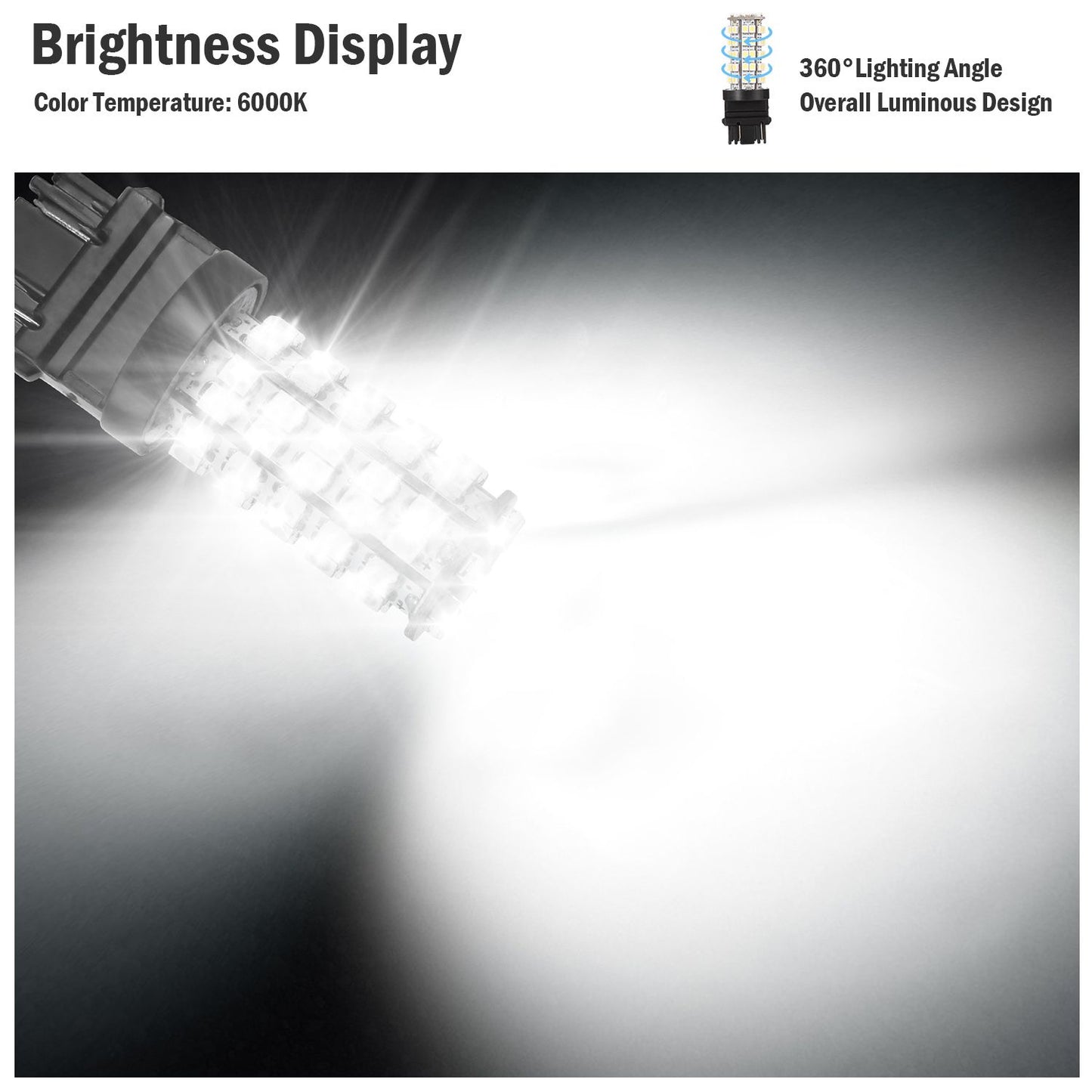 LED light bulb showing 6000K color temperature with a 360° lighting angle, emitting bright white light in a luminous design.