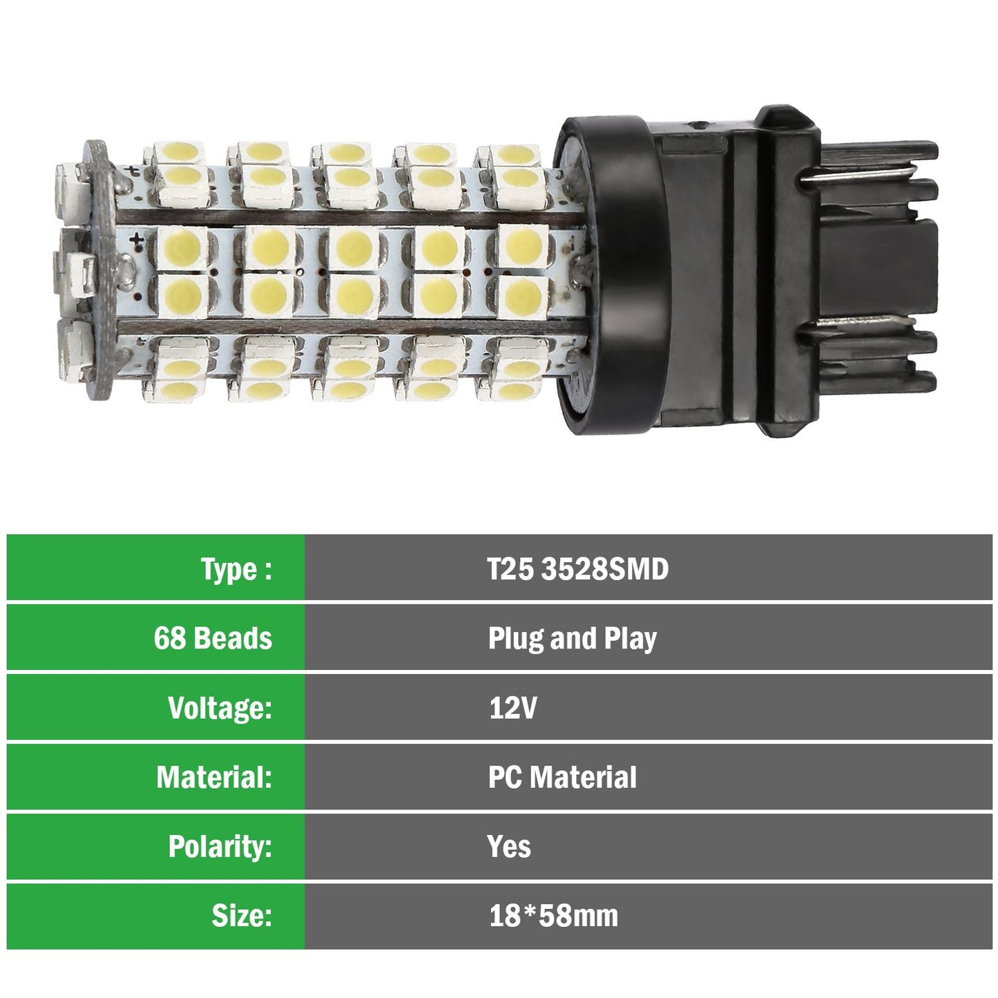 T25 3528 SMD LED bulb with 68 beads, 12V voltage, 18x58mm size, featuring plug-and-play installation and made from durable PC material.