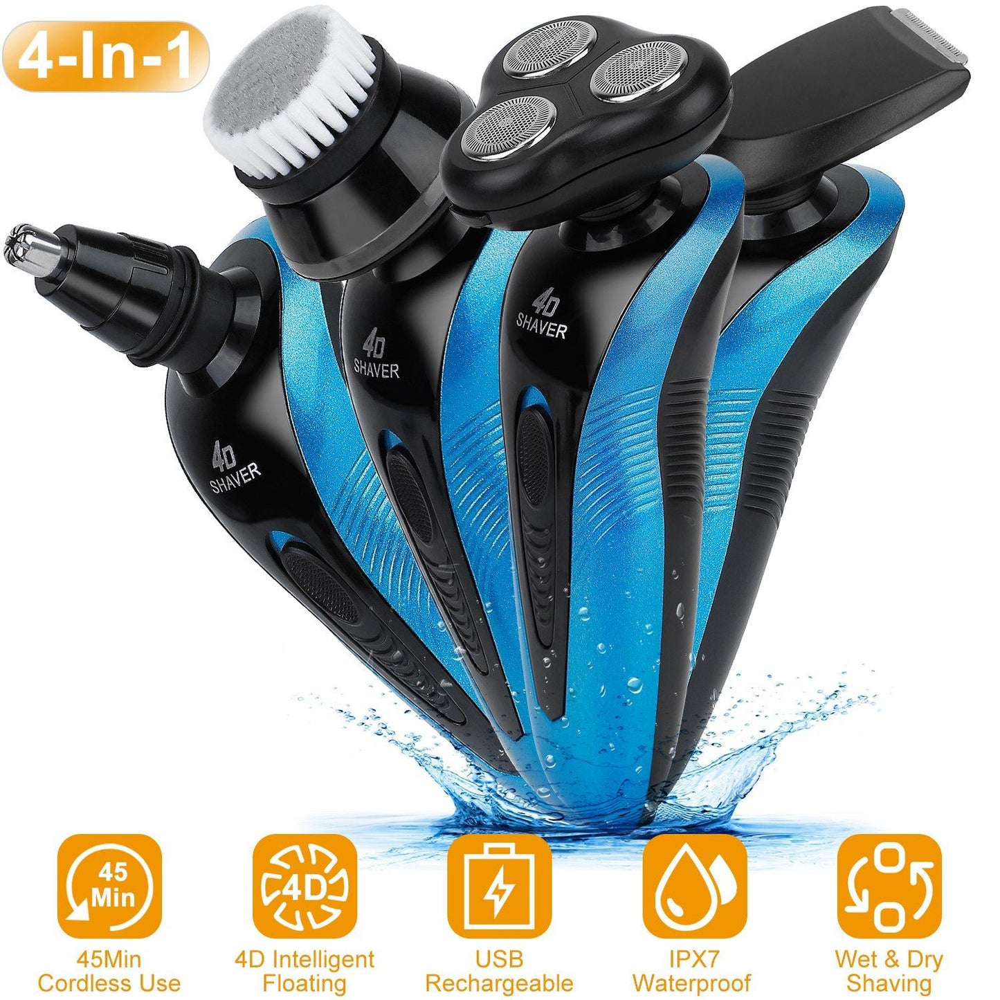 4-in-1 electric shaver featuring three shaving heads, a nose hair trimmer, and a facial cleansing brush, designed for wet and dry use with a waterproof rating of IPX7, USB rechargeable, and up to 45 minutes of cordless operation.