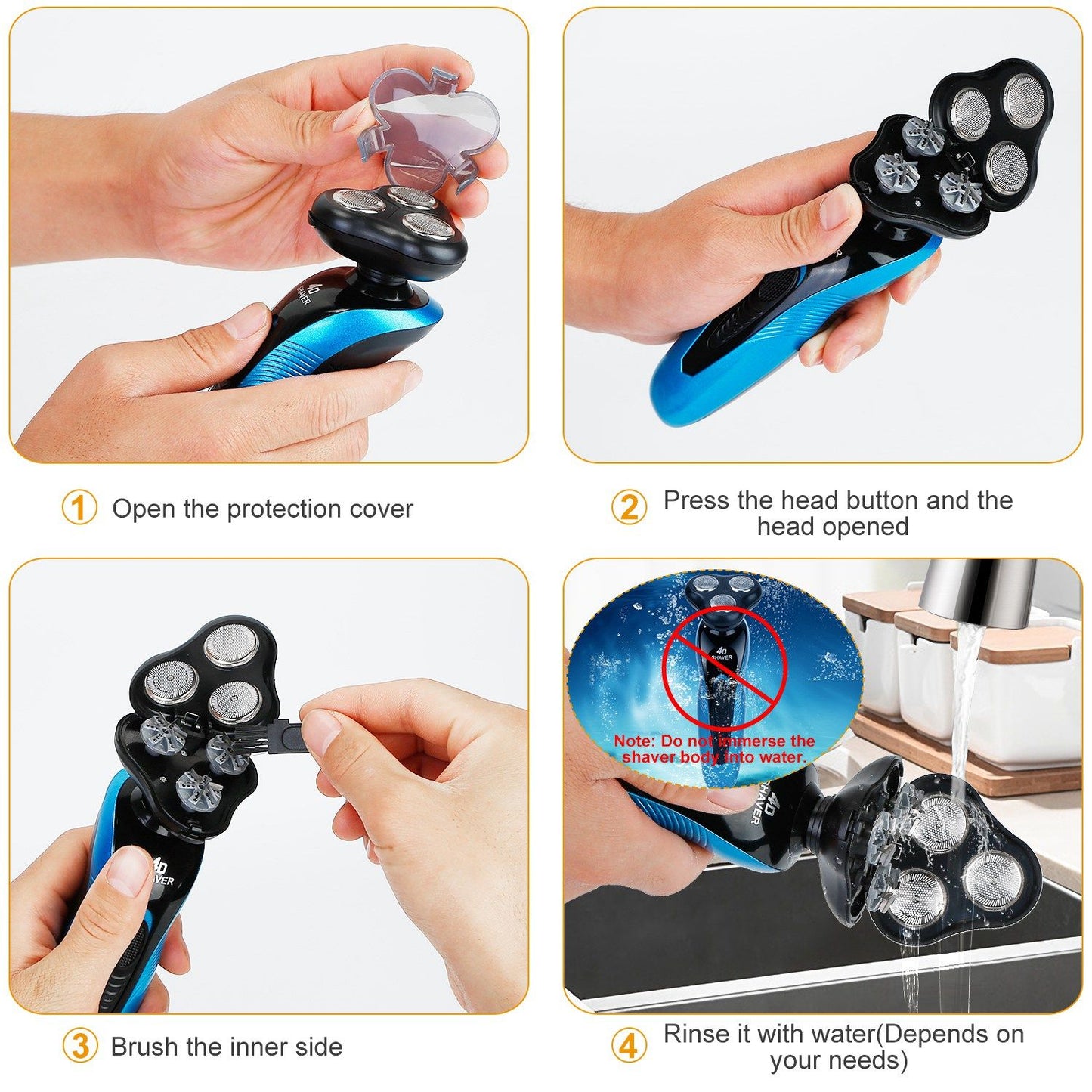 Electric shaver instructions showing step-by-step usage: opening the protection cover, pressing the head button, brushing the inner side, and rinsing with water to maintain hygiene.