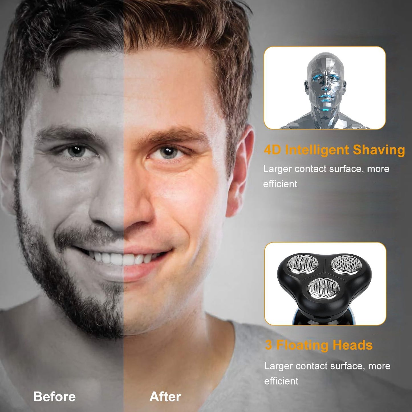 Electric shaver showcasing before and after results, featuring 4D intelligent shaving technology and three floating heads for an efficient shave.
