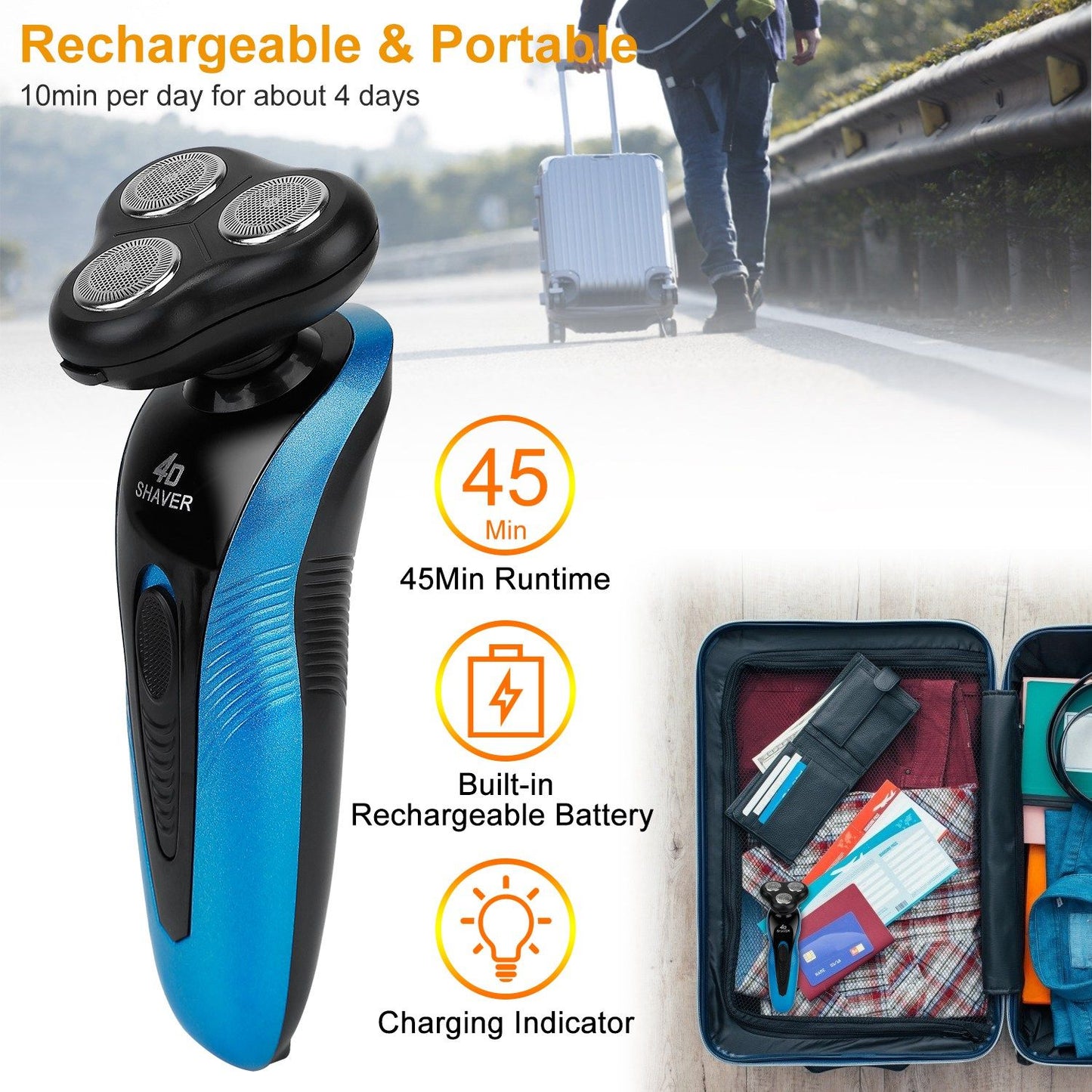 Portable electric shaver with triple blade head, rechargeable battery, 45 minutes of runtime, and charging indicator, perfect for travel and on-the-go grooming.