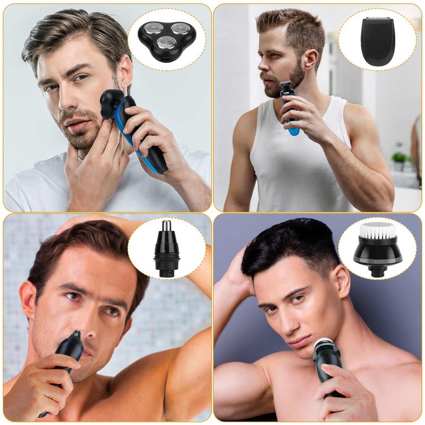 Men grooming products collage featuring multiple haircut and shaving accessories, including electric shavers, nose trimmers, and facial cleansing brushes, highlighting versatility in personal care for all skin types.