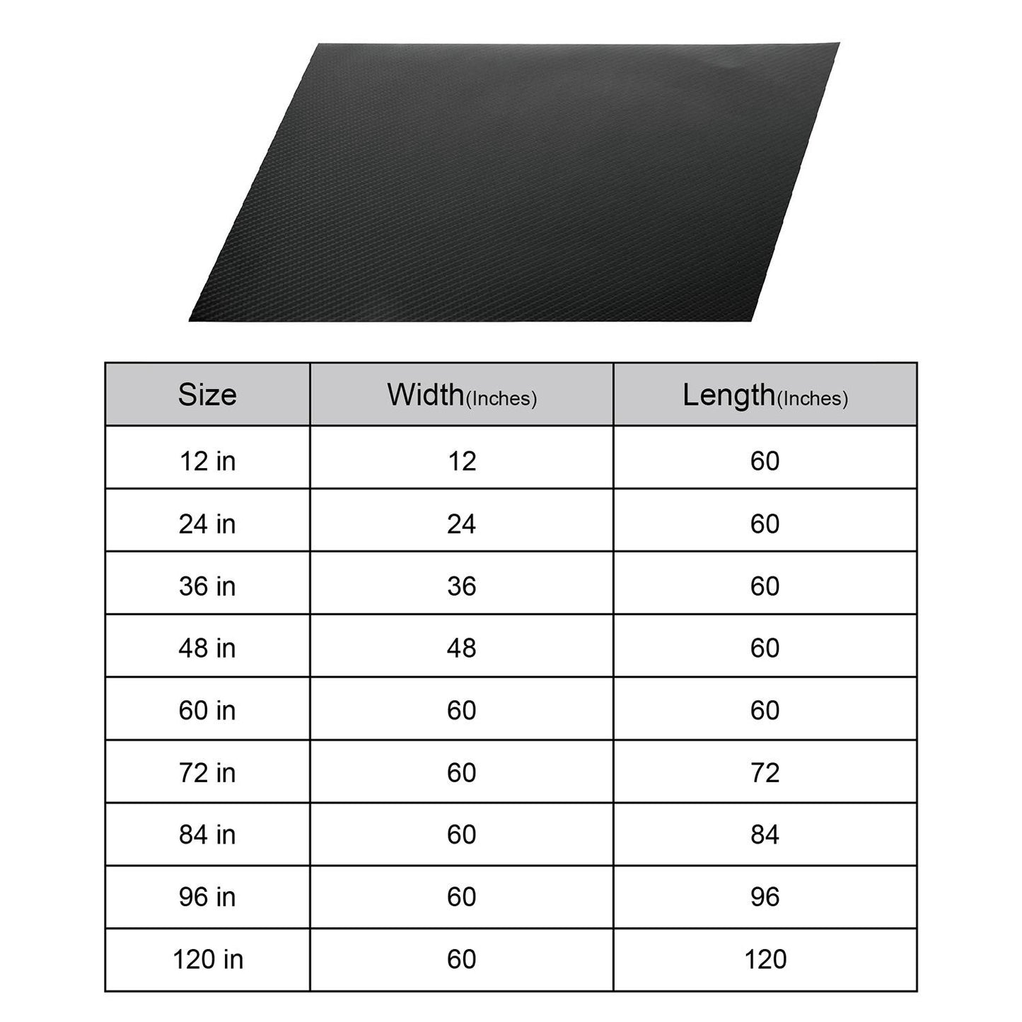 Black textured vinyl sheet with sizing options displayed in a table format, including dimensions in inches for various widths and consistent lengths of 60 to 120 inches.