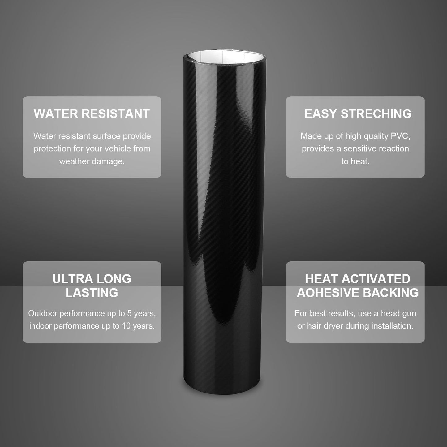 Black carbon fiber vinyl wrap roll with waterproof and ultra-durable properties, featuring instructions highlighting its easy stretching, heat activation for adhesive backing, and longevity for vehicle protection.