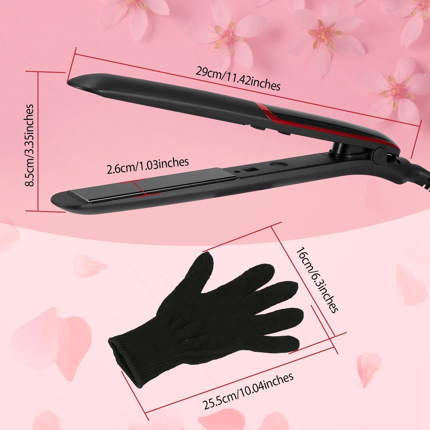 Black hair straightener with red accents and heat-resistant glove, featuring dimensions over a pink floral background.