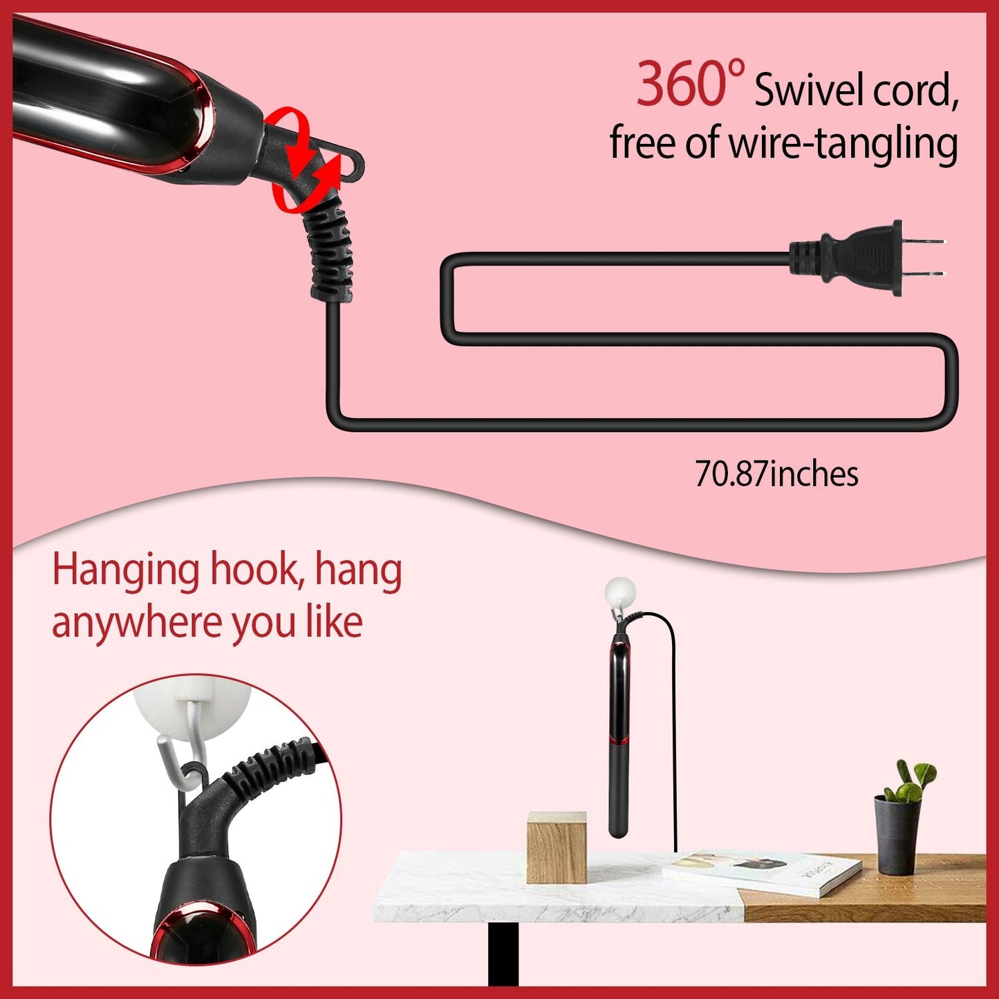 360° swivel cord lamp with 70.87-inch tangle-free cable, featuring a hanging hook for versatile placement on any surface.