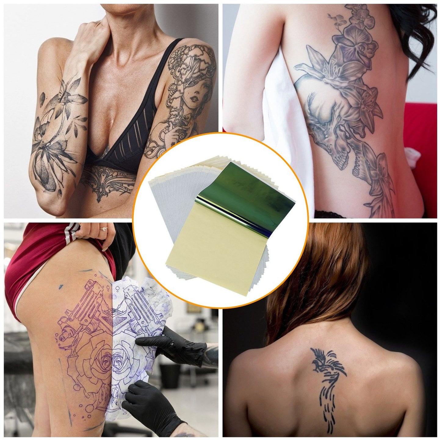Tattoo transfer paper and multiple tattoo designs displayed on models' arms and back, showcasing intricate ink artwork and application process.