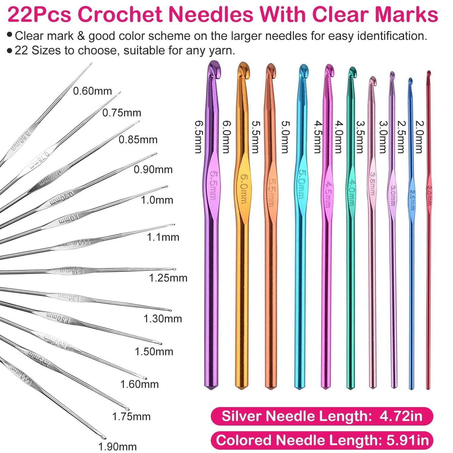 Set of 22 crochet needles in various sizes from 0.60mm to 6.5mm, featuring clear markings and a colorful design for easy identification. Suitable for all yarn types.