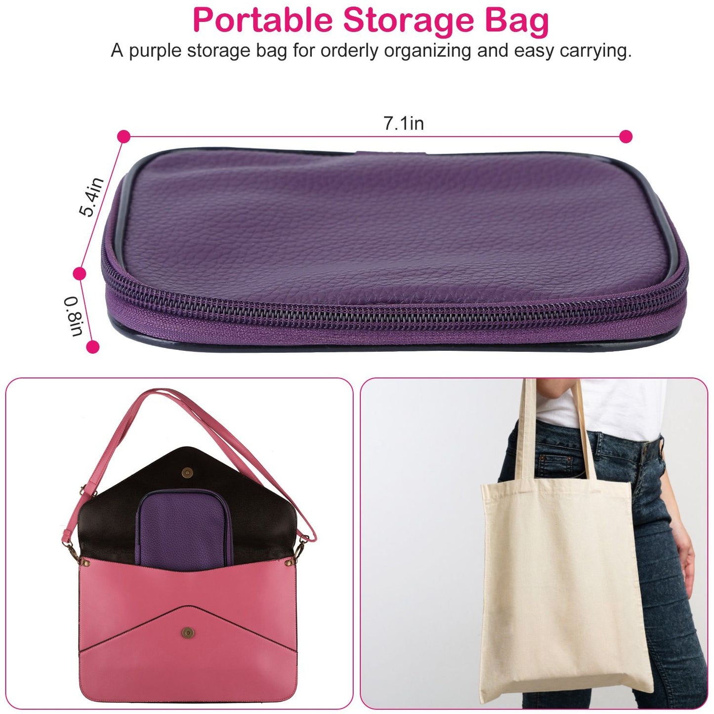 Portable purple storage bag for organization, measuring 7.1 inches by 5.4 inches by 0.8 inches, designed for easy carrying and neat storage.