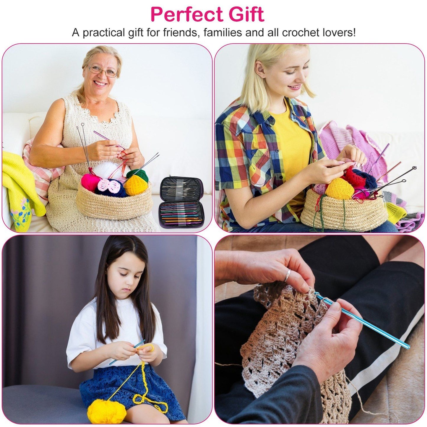 Collage of crochet enthusiasts of different ages enjoying their craft; features yarn, crochet hooks, and a well-organized crochet kit, highlighting the product as an ideal gift for crochet lovers.