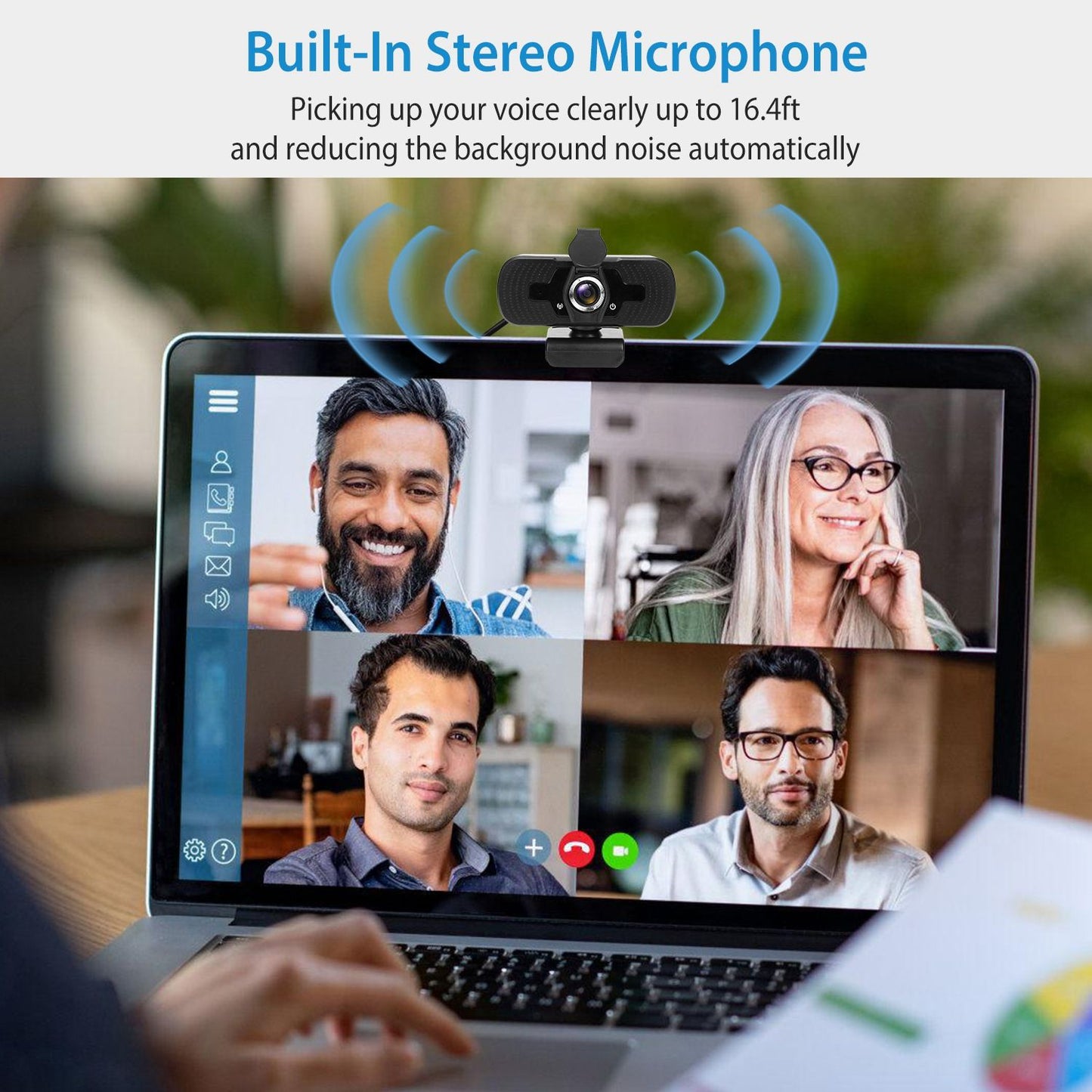 Webcam with built-in stereo microphone for clear audio capture in video calls, shown on a laptop during a virtual meeting with multiple participants.