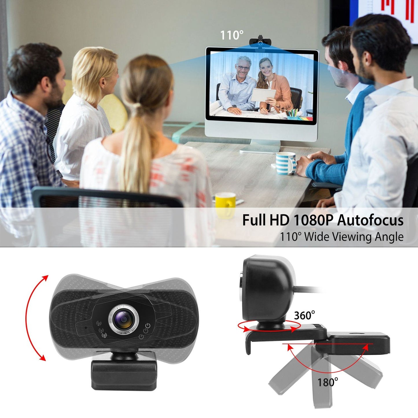Full HD 1080P webcam with autofocus and 110° wide viewing angle, showcased beside a group of users engaging in a video call.
