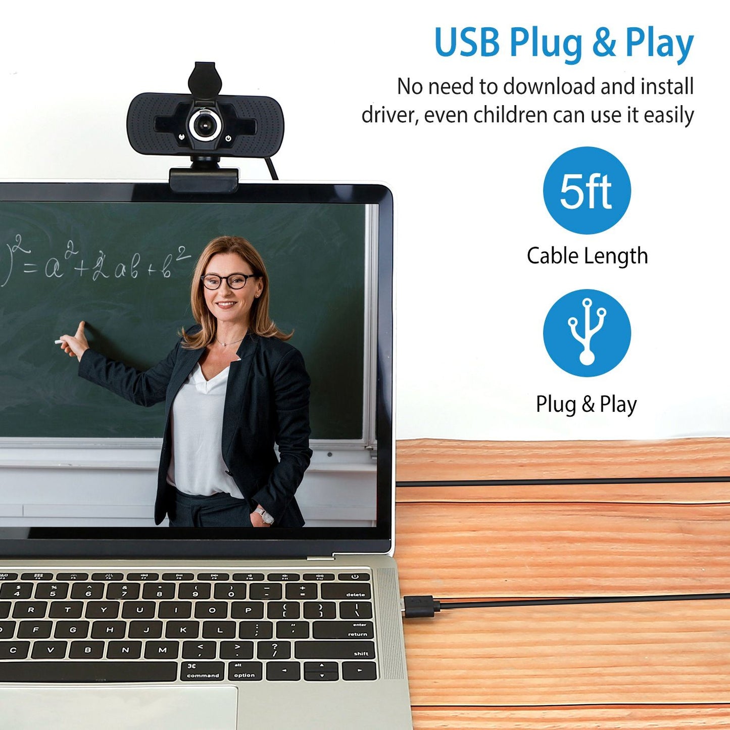 Webcam on a laptop displaying a teacher in front of a blackboard, showcasing USB plug-and-play functionality, 5ft cable length, and user-friendly design for easy setup.