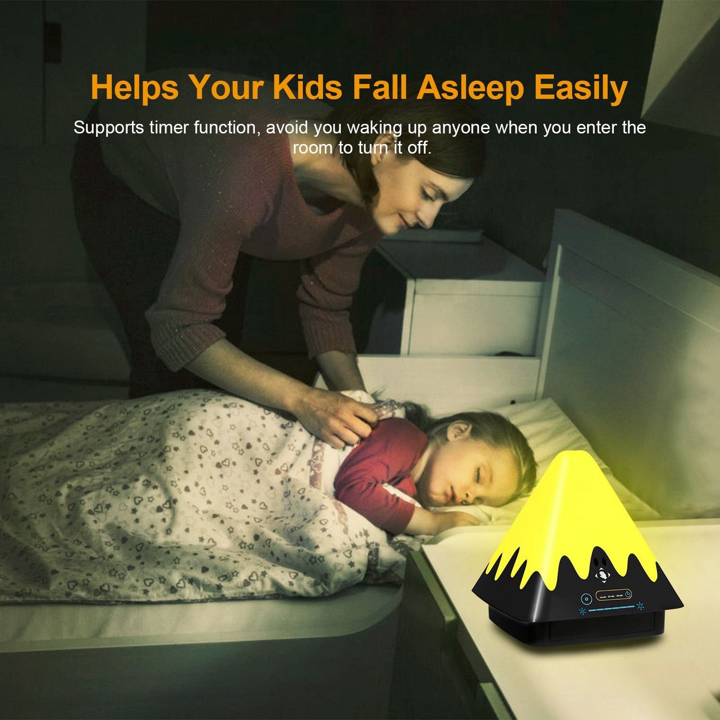 Kid-friendly sleep aid night light with timer feature, designed to help children fall asleep peacefully while promoting a calm bedtime routine.