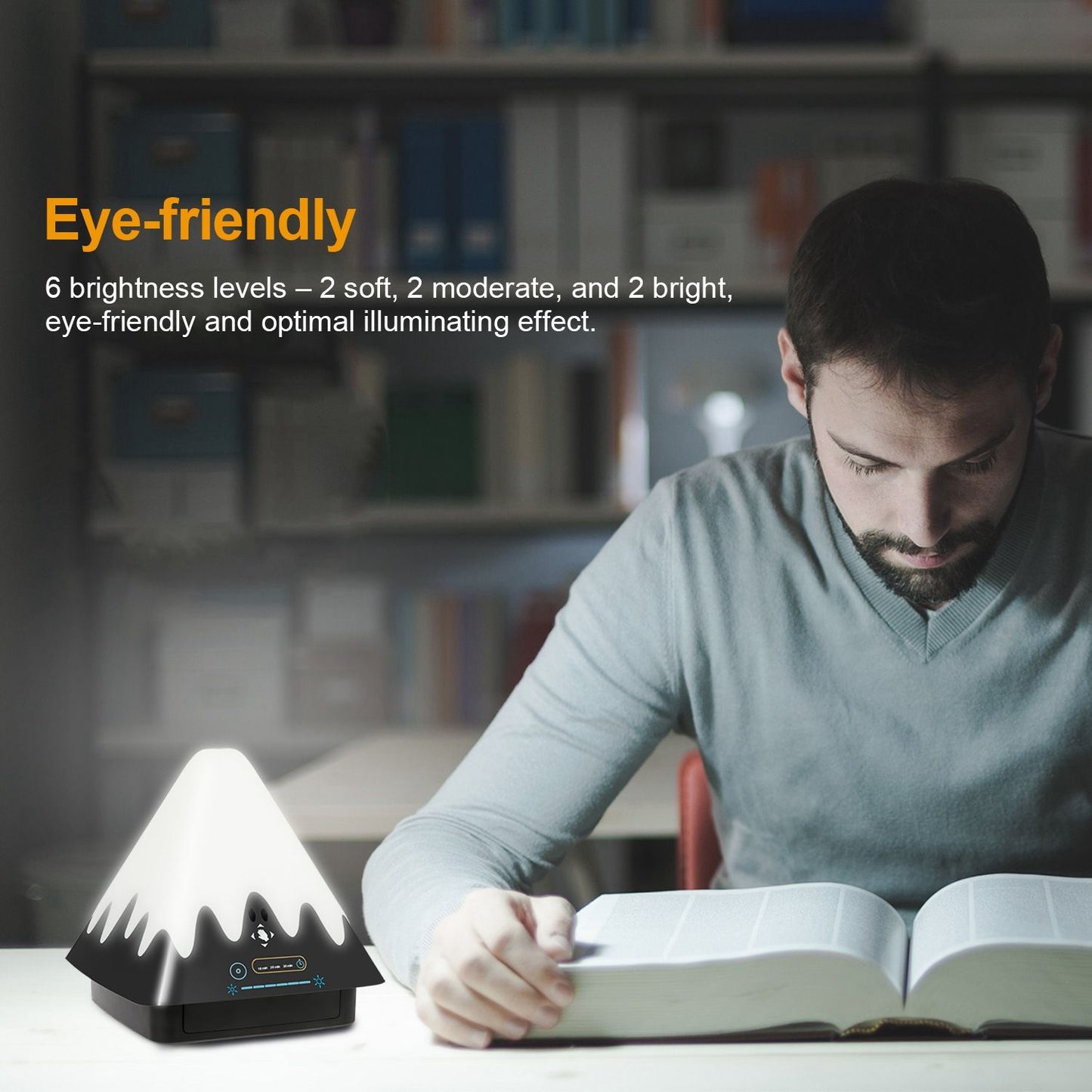 Eye-friendly mountain-shaped desk lamp with six adjustable brightness levels, providing optimal illumination for reading or studying.