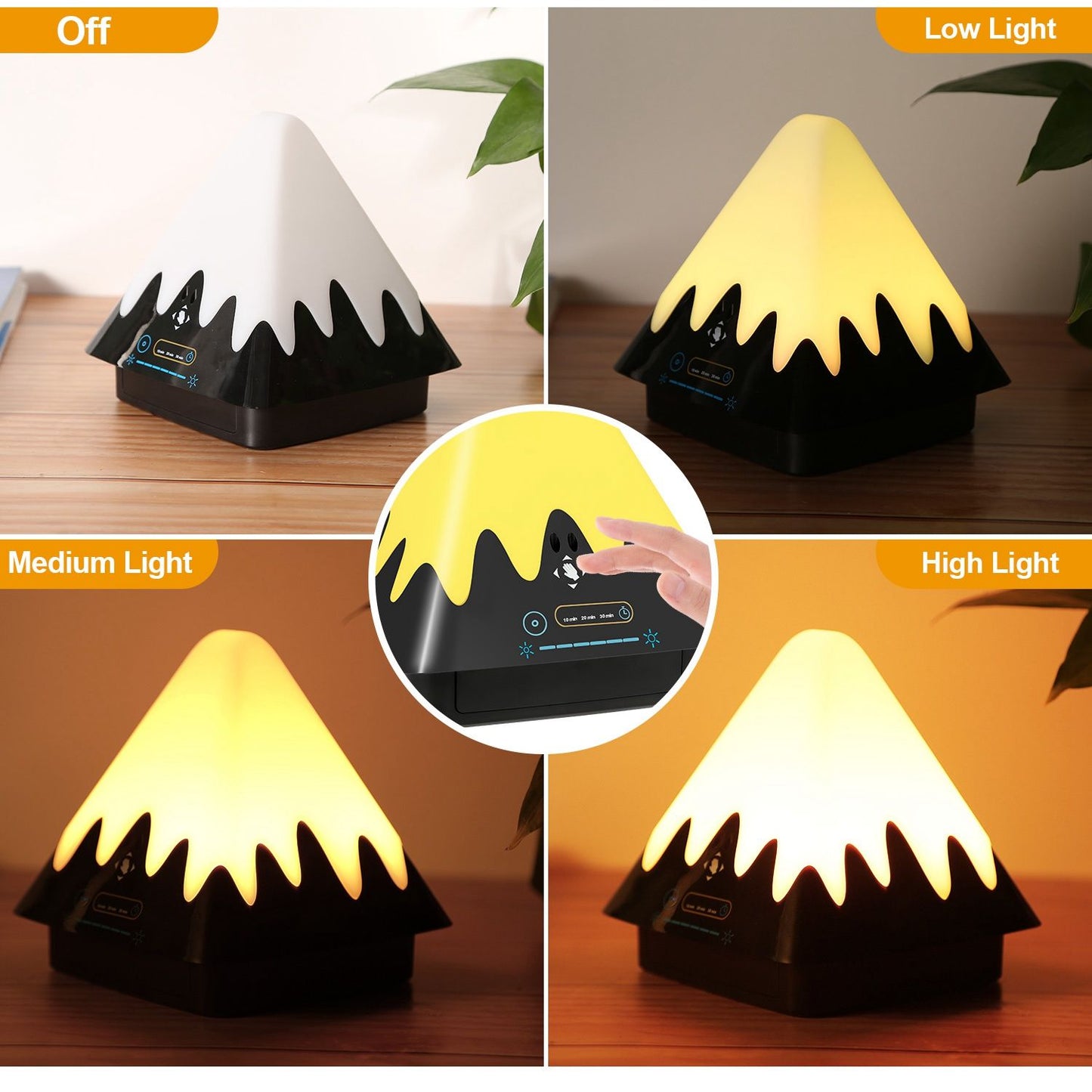 Colorful mountain-shaped night light with adjustable brightness settings, displayed in off, low, medium, and high light modes.