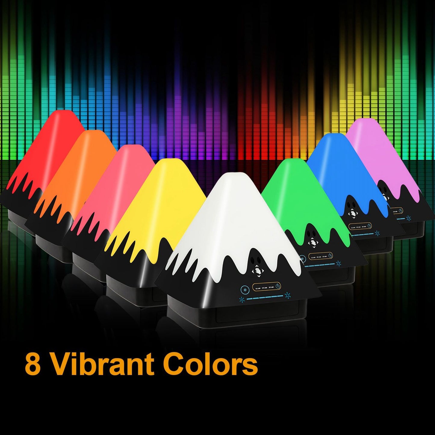 Colorful pyramid-shaped lamps in eight vibrant colors including red, orange, yellow, green, blue, pink, black, and white, set against a dynamic soundwave background.