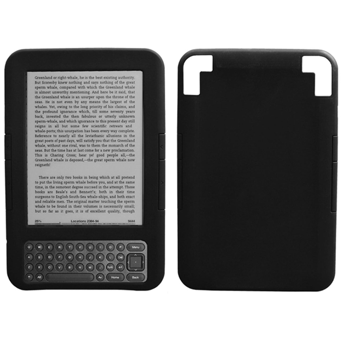 Black Kindle e-reader device displaying a book on its screen, featuring a keyboard and navigation buttons on the front, with plain black edges and no visible branding.