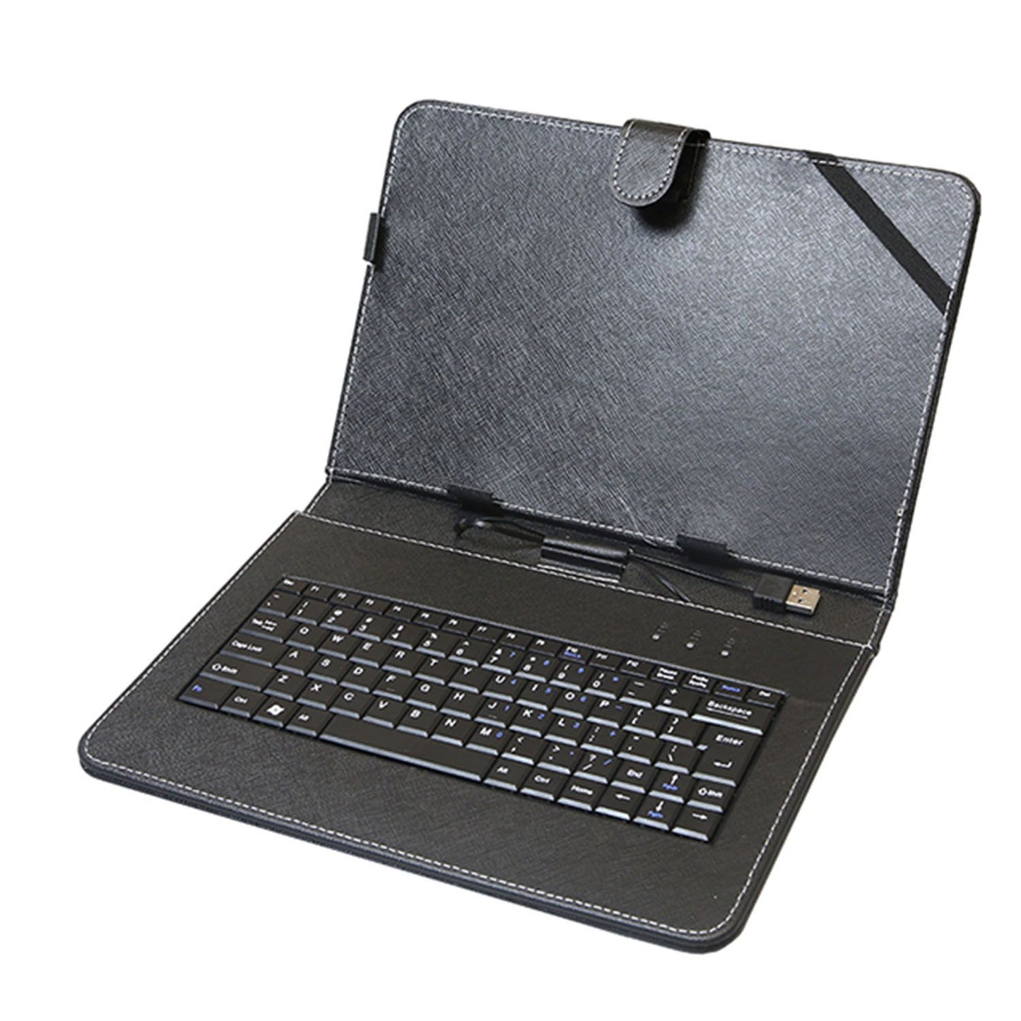 Portable black keyboard case with USB connection and protective cover, ideal for tablets and mobile devices.