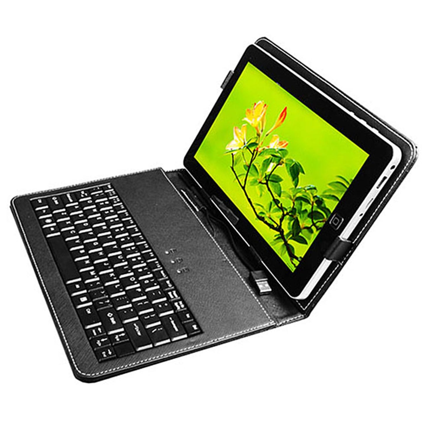 Black leather tablet case with detachable keyboard and a colorful screen displaying flowers, angled for use.