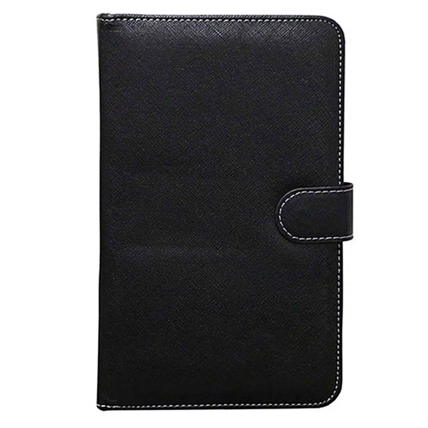 Sleek black leather-bound notebook with white stitching and a secure button closure, perfect for professionals and students.