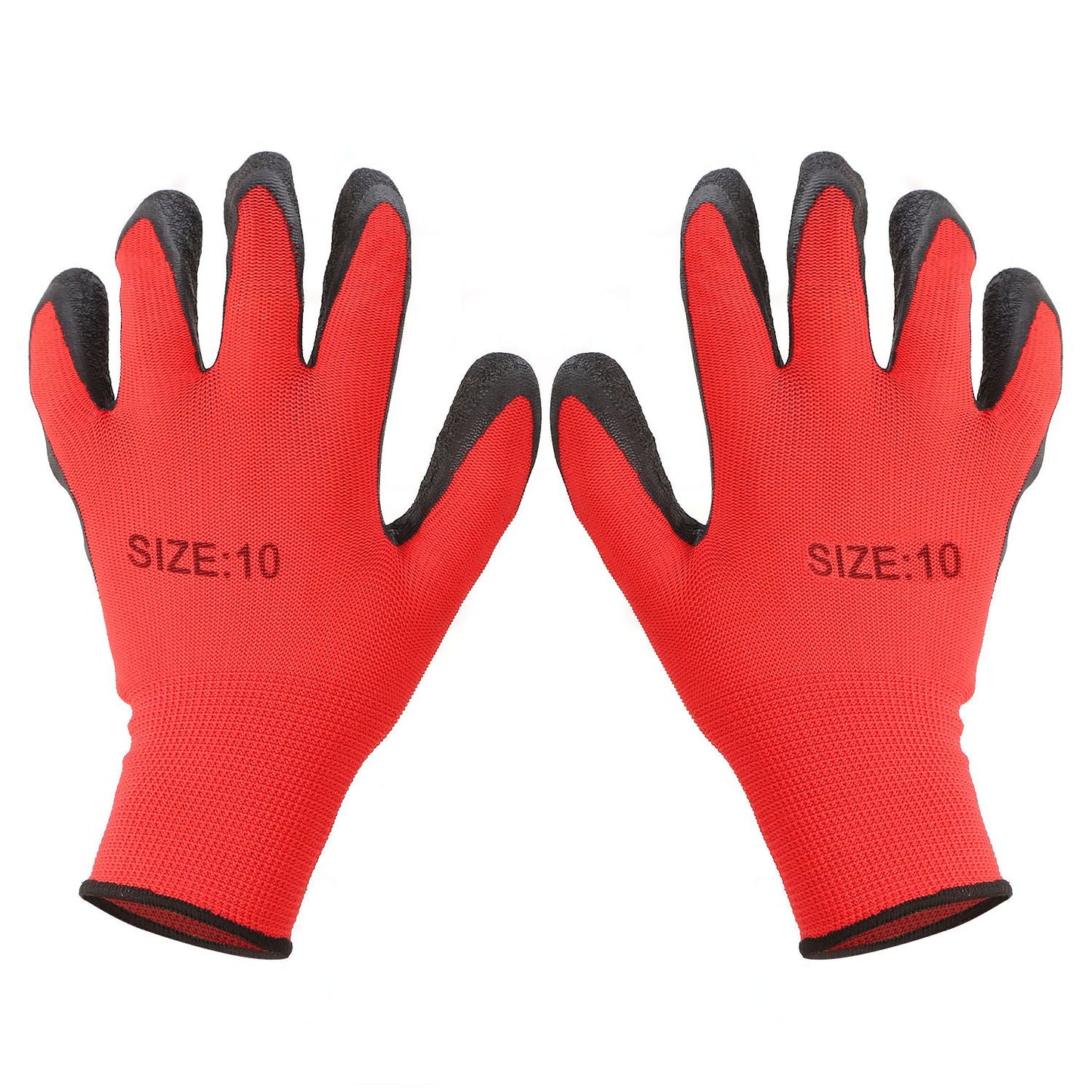 Red work gloves with black fingertips and printed size 10, ideal for gardening and safety tasks.
