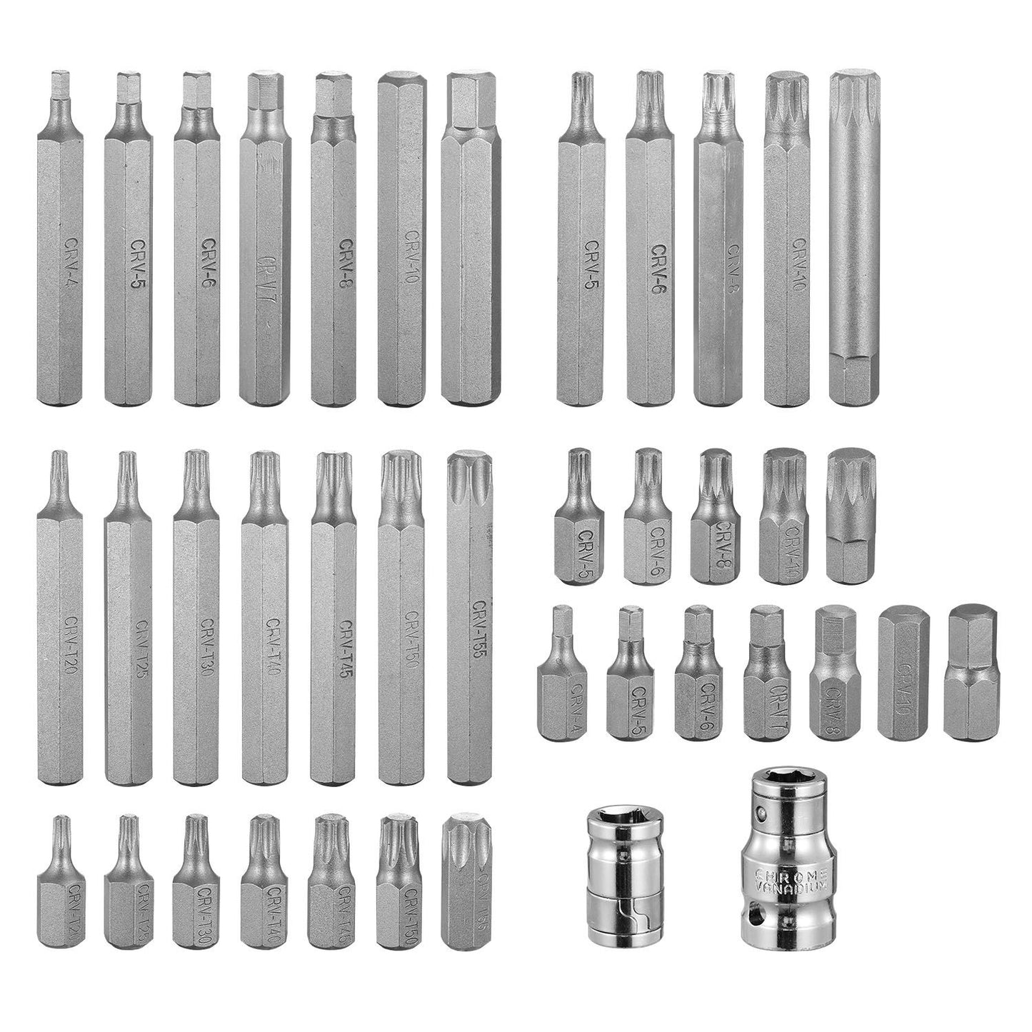 Set of chrome vanadium screwdriver bits and socket adapters in various sizes, including Allen, Torx, and Phillips, ideal for professional and DIY use.
