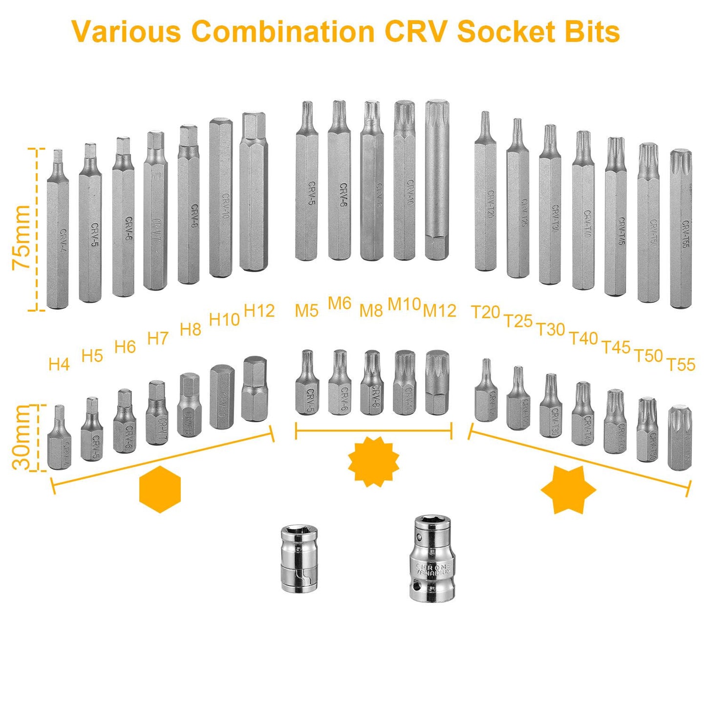 Combination set of various CRV socket bits displayed, including multiple sizes for versatile use in automotive and mechanical tasks, with clear labels for easy identification.
