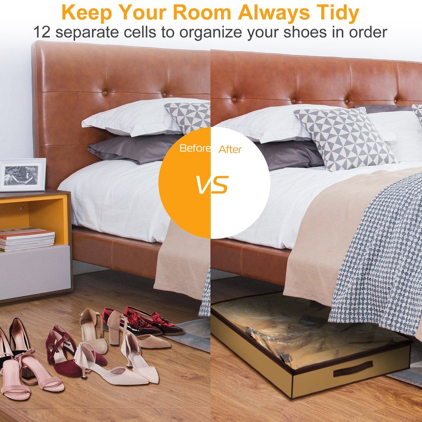 Organize your shoes with this 12-cell storage solution, showcasing a tidy bedroom transformation from messy to organized.