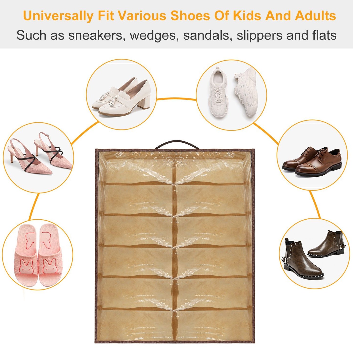 Shoe organizer displaying a storage solution for various types of footwear including sneakers, wedges, sandals, slippers, and flats, with transparent pockets and a top handle for easy access.