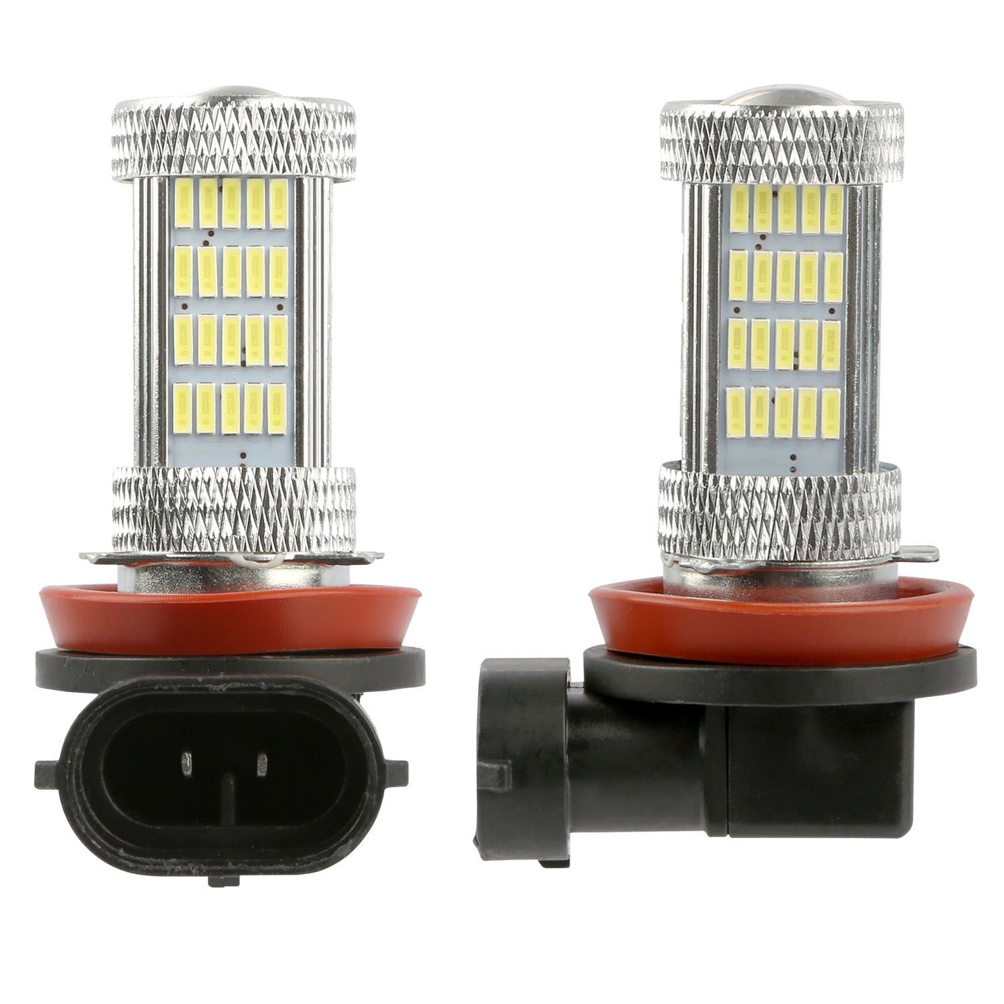 LED automotive headlights with a two-color design, featuring a silver metal casing and a red base, showcasing bright white LED chips for high illumination.