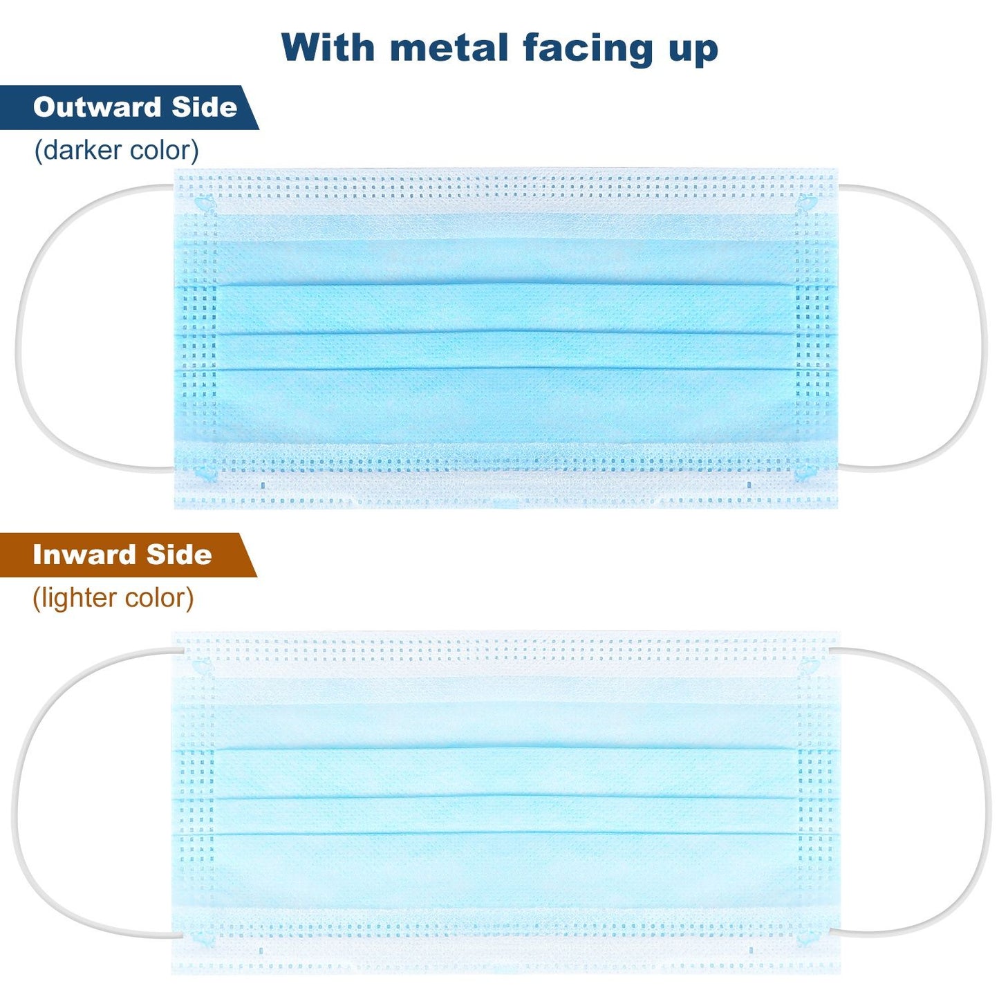 Blue disposable face mask showing outward side (darker color) on top with metal strip facing up and inward side (lighter color) displayed below.