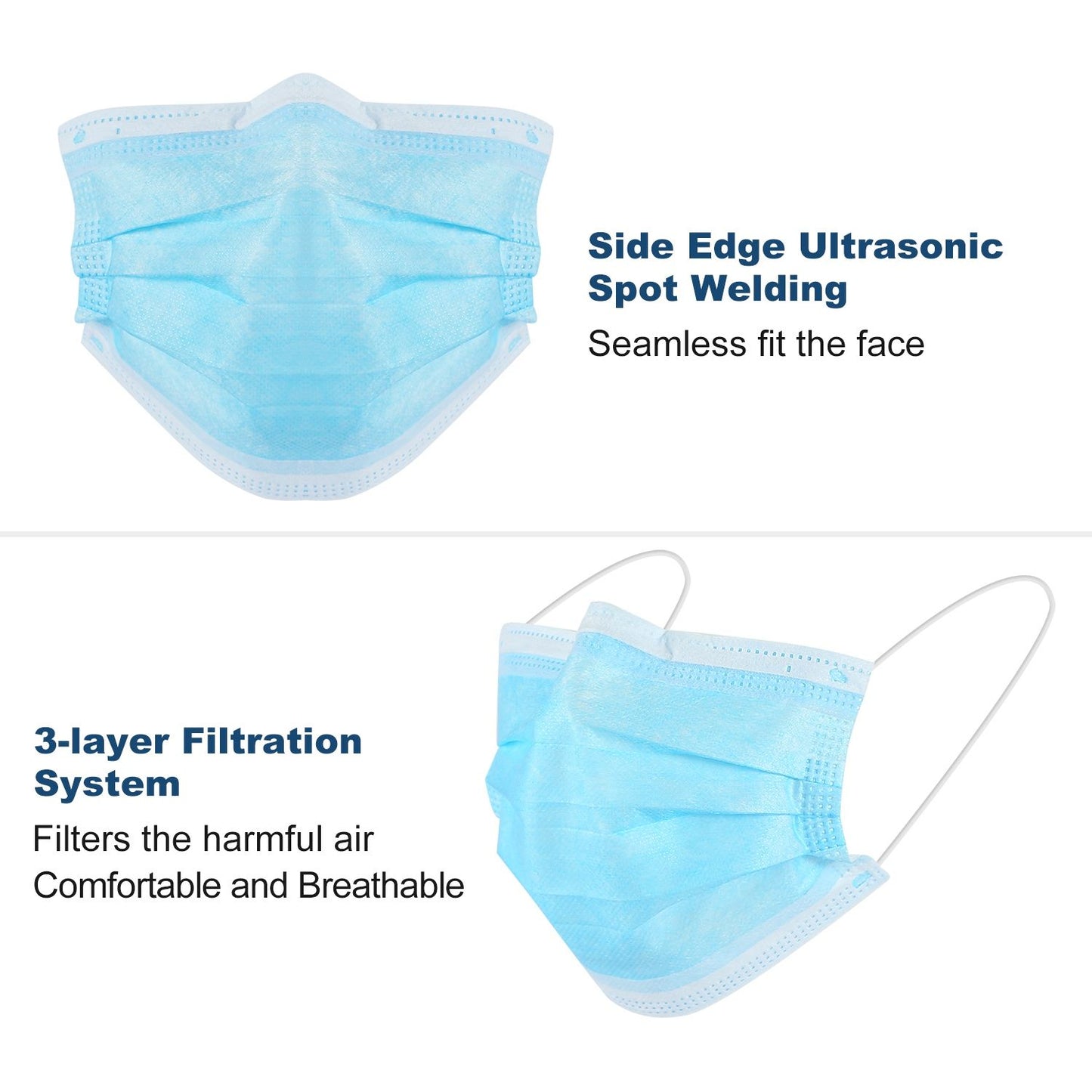 Disposable blue face mask with a three-layer filtration system and ultrasonic spot welding for a secure fit, designed for comfort and breathability.